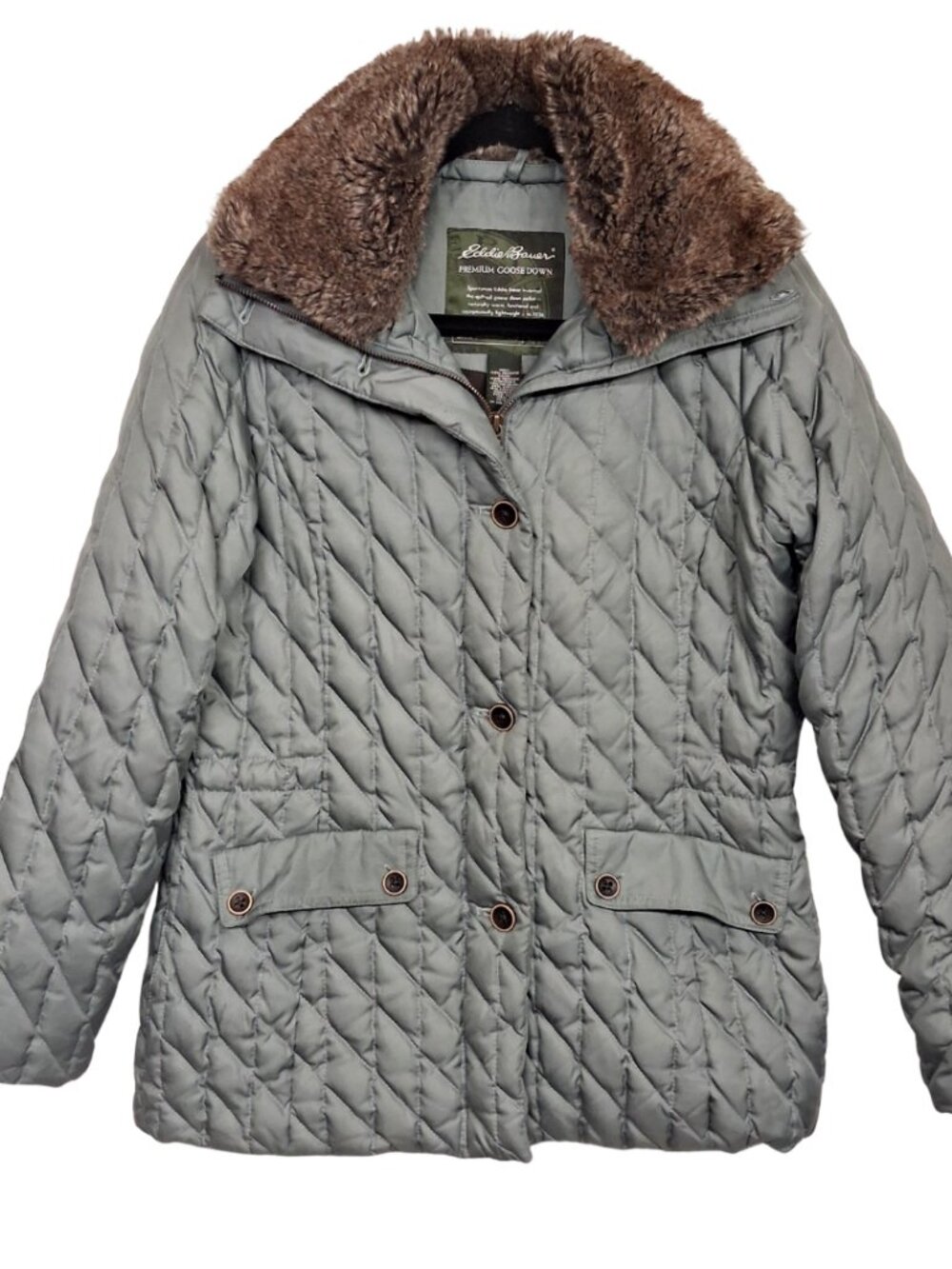 EDDIE BAUER Original Quilted Goose Down Jacket Gray With Faux Fur Collar Small